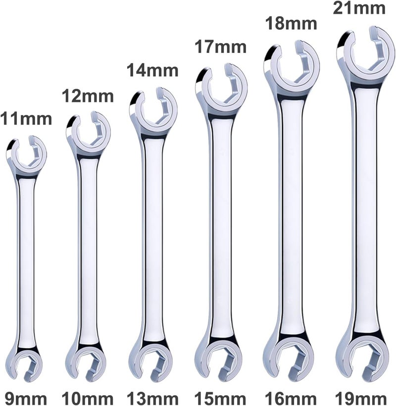 EFFICERE 6-Piece Double-End Metric Flare Nut Wrench Set with Rack, Size 9, 10, 11, 12, 13, 14, 15, 16, 17, 18, 19, 21mm | Cr-V Steel, 6-Point Head, Best Line Wrench for Fuel, Brake, Air Conditioning - Image 3